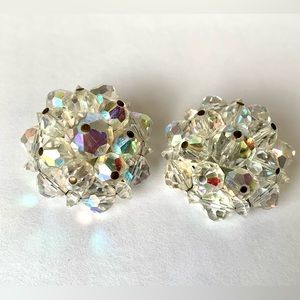 1950s Vintage Aurora Borealis Crystal Bead Cluster Clip On Earrings